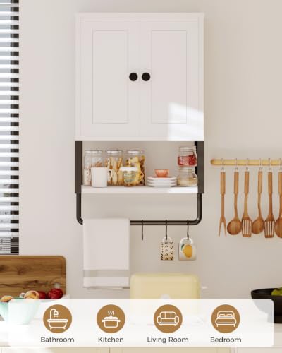 Bathroom Wall Cabinet, White Medicine Cabinet with Towel Rack | 2 Doors & Adjustable Shelves 2 Hooks, above toilet storage cabinet, for Bathroom Laundry Room, Living, Kitchen UXYYG024W