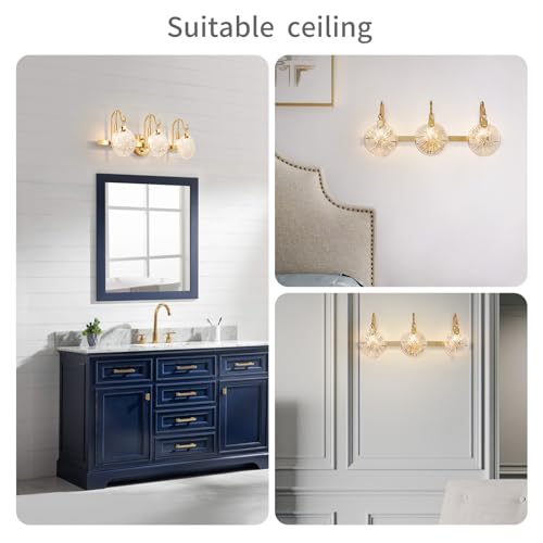 WUZUPS 3-Light Bathroom Light Fixture Over Mirror Morden Vanity Wall Sconces Clear Glass Shade for Bedroom Living Room, E12 Base, Brass Gold - color: Brass Gold, Glass shade