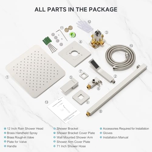 SR SUN RISE Shower Faucet Set & System - 12 Inch Rainfall Shower Head & Handle Set Wall Mounted Brushed Nickel Solid Brass Valve Trim Kit Included - color: Brushed Nickel, size: 12 Inch