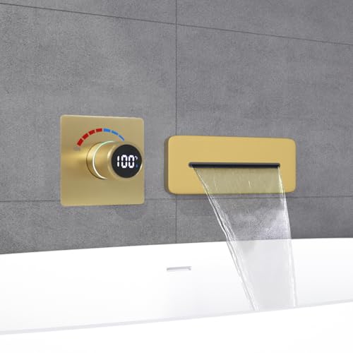 Temperature Display Shower Valve with Wall Mounted Waterfall Tub Faucet Kit Waterfall Tub Spout One Way Shower Deliver Valve - color: Brushed Gold, style: Adjustable bathtub faucet