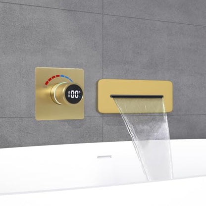 Temperature Display Shower Valve with Wall Mounted Waterfall Tub Faucet Kit Waterfall Tub Spout One Way Shower Deliver Valve - color: Brushed Gold, style: Adjustable bathtub faucet