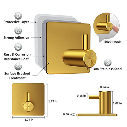 VIS'V Adhesive Towel Hooks, Shower Wall Stick on Hooks, Gold, 4 Pcs | Metal Material, Compact Design, Peel and Stick, 2 Extra Adhesive Strips, for Bathroom Kitchen Livingroom Office RV - color: Gold