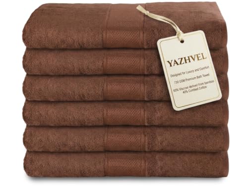 Bamboo Viscose Bath Towel Set Terry - Pack of 6 - Brown - 30 x 60 in – 60% Viscose Derived from Bamboo 40% Cotton – 730 GSM Plush & Soft Feel - Oeko-TEX Certified - Spa-Luxe Drying Comfort - color: Brown