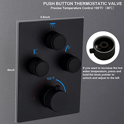 Dual Shower Heads Shower System with 16" Ceiling Mounted Rain Shower Head & 6" Wall Mounted Head Full Body Shower System 3 Way Thermostatic Shower Valve Can All Run Together, Matte Black - color: Matte Black, style: 16inch+6inch