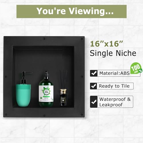 Suteck 16"x16" Shower Niche, Single Shelf Square Tile-Ready Storage Box | 12"x12" Inner Space,100% Waterproof ABS, Over/Flush Mount, Vertical/Horizontal | Multi-Scene For Bathroom, Kitchen, Bookshelf - size: 16"x16"