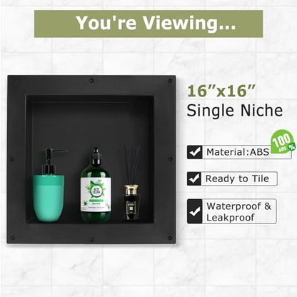 Suteck 16"x16" Shower Niche, Single Shelf Square Tile-Ready Storage Box | 12"x12" Inner Space,100% Waterproof ABS, Over/Flush Mount, Vertical/Horizontal | Multi-Scene For Bathroom, Kitchen, Bookshelf - size: 16"x16"