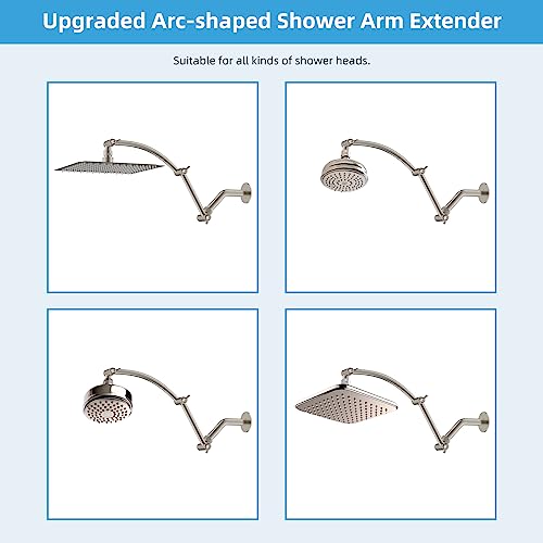 Hibbent Shower Head Extension Arm,16" Solid Brass Adjustable Extender with Lock Joint, Standard 1/2", Rise or Lower Rainfall and Fixed Shower Head,Height/Angle Adjustable Extension Arm, Brushed Nickel | Solid Brass Adjustable Shower Arm with Lock Joint, F
