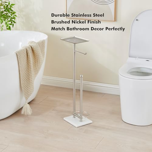 Toilet Paper Holder with Tray at The Top, Sturdy Marble Base No Wobby, Holding Extra 3 Toilet Paper Rolls As Spare Use, Freestanding No Drilling (Brushed Nickel) - color: Brushed Nickel