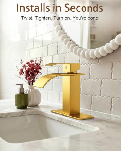 Waterfall Single Handle Bathroom Sink Faucet with Drain Gold | Brushed Gold Vanity Faucet with Pop-up Drain, Ceramic Valve, for 1 or 3 Hole Modern Bathrooms. - color: Gold