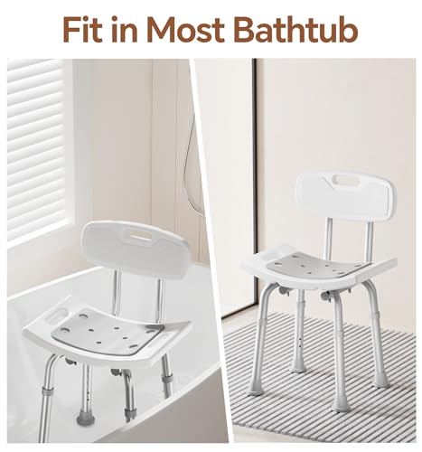SOUNDFUSE Shower Chair for Inside Shower with Back, Tool-Free Assembly, Height Adjustble Shower Seat with EVA Cushion and Non-Slip Feet, Support Up to 350 lbs, Grey