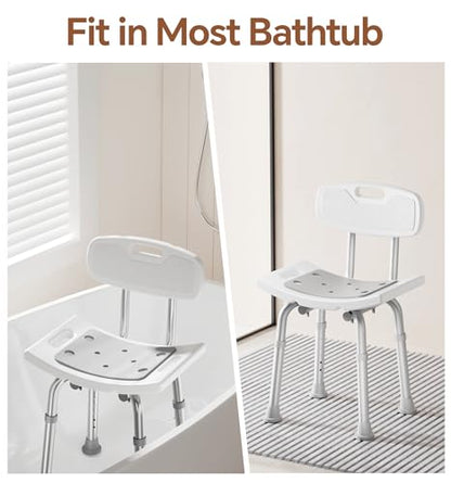 SOUNDFUSE Shower Chair for Inside Shower with Back, Tool-Free Assembly, Height Adjustble Shower Seat with EVA Cushion and Non-Slip Feet, Support Up to 350 lbs, Grey