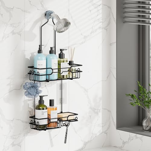 HapiRm Hanging Shower Caddy Organizer - Bathroom Organizer with 12 Hooks and Soap Holder, Rustproof Shower Shelf over Shower Head - Black - color: Black