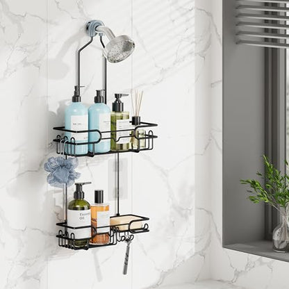 HapiRm Hanging Shower Caddy Organizer - Bathroom Organizer with 12 Hooks and Soap Holder, Rustproof Shower Shelf over Shower Head - Black - color: Black