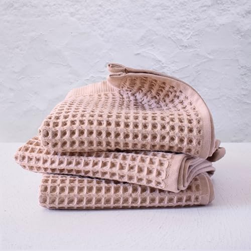 PÜSKÜL - Set of 3 Organic Waffle Hand Towel Beige - Premium Quality, 100% Turkish Cotton, Soft, Quick-Dry, Absorbent, Lint-Free Face Kitchen Hand Towels (Beige, Hand Towels - Pack of 3) - color: Beige, size: Hand Towels - Pack of 3