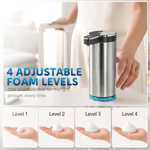 Automatic Foaming Soap Dispenser(IPX5 Waterproof, 12oz/350ml | Touchless Rechargeable Soap Dispenser for Kitchen & Bathroom, Stainless Steel, 4 Adjustable Foam Levels, USB-C - color: St-01 Foam Gray