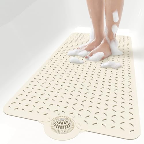 OTHWAY Bath Mat for Tub Non Slip: 39" X 17" Long Bathtub Mat with Hair Catcher│Big Drain Holes Shower Mats for Inside Shower│Machine Washable (Beige) - color: Beige