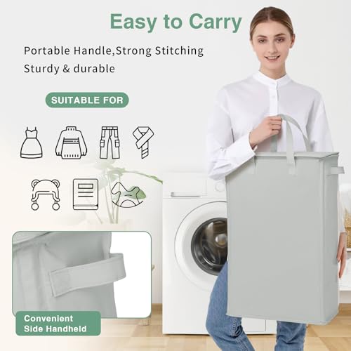 GOMAJI Slim Laundry Basket with Lid and Handles, Foldable Laundry Basket for Clothes, Clothes Hamper Easy to Carry, Dirty Hampers for Bedroom, Bathroom, Dorm, College, 12.7 Gallons(48L) - color: LIGHT GREY