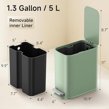 TIPGO Small Bathroom Trash Can with Lid Soft Close,1.3 Gallon, Green | Step Pedal, Removable Inner Bucket, 5 Liter Slim Stainless Steel Garbage Can for Bedroom, Office, Kitchen - color: Green