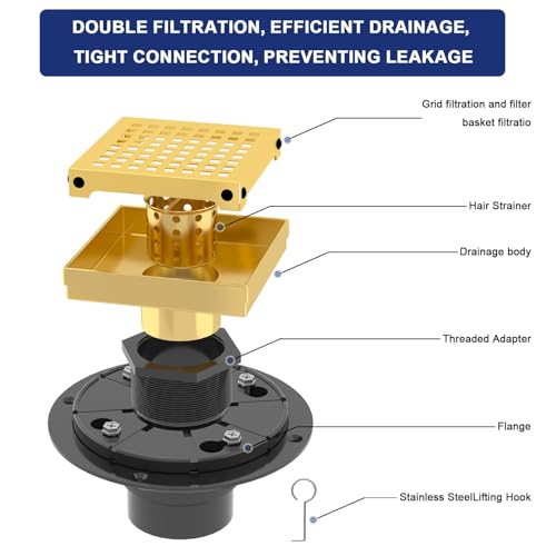 4 Inch Brushed Gold Square Shower Drain with Removable Grate | AISI 304 Stainless Steel Shower Drain, Shower Floor Drain with Hair Catcher & ABS Flange, Fits Bathroom & Balcony etc - color: Brushed Gold, size: 4 in