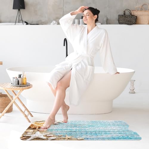 Bath Mat for Tub, Seashells Summer, 40 X 16 Inch, for Bathtub | Space Beach Wood Extra Long Shower with Suction Cups and Drain Holes for Kids Adults Elderly - color: Ocean Starfish Shell