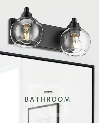 2-Light Matte Black Bathroom Vanity Light, Clear Glass Globe Shade | 15" modern bathroom light fixtures over mirror, E26 base, bulbs not included, VL195-MB-2 - color: Black, Clear Glass, size: 2-light