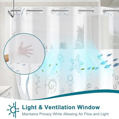 Coastal No Hook Shower Curtain with Snap in Liner, Double-Layer Waterproof Fabric Cloth Shower Curtains with Ventilation Window, Ocean Minimalist Undersea Starfish Blue Shower Curtain, 71x74 Inches - color: Dreamy Ocean World