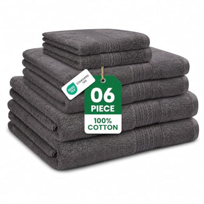 ESSELL 24/7 Aurora Collection 6 Piece Bath Towel Set, 100% Cotton, Durable, Quick Dry & Light Weight, 2 Bath Towels, 2 Hand Towels, 2 Washcloths - Charcoal - color: Charcoal