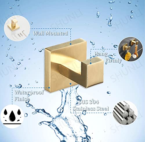 SHUNLI Brushed Gold Towel Hooks for Bathroom, 4 PCS Wall Hook Coat Robe Hook Towel Holder, Heavy Duty Bath Hook Modern Square, SUS304 Stainless Steel - color: Brushed Gold
