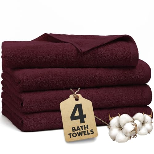 Bath Towels Set of 4 – 100% Ring Spun Cotton Burgundy Extra Large Towels for Bathroom, Spa Use (55x28 in) – 550 GSM Super Soft and Quick Dry Large Bath Sheets for Adults - color: Burgundy, size: Bath Towels