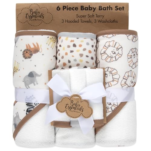 Baby Bath Essential Hooded Baby Bath Towel and Washcloth 6 Piece Set for Newborns, Infants & Toddlers, Boys & Girls Baby Hooded Towels Set (Safari Animals) - color: Safari Animals