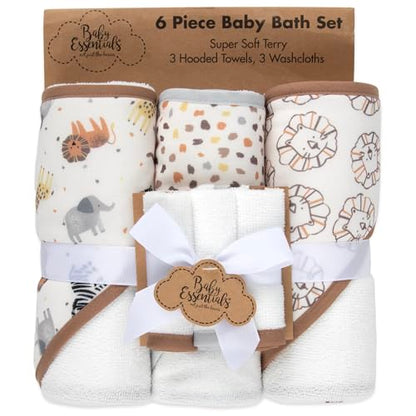 Baby Bath Essential Hooded Baby Bath Towel and Washcloth 6 Piece Set for Newborns, Infants & Toddlers, Boys & Girls Baby Hooded Towels Set (Safari Animals) - color: Safari Animals