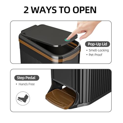JOYZAN Slim Bathroom Trash Can with Pop-Up Lid Step Pedal Waste Basket | Foot Pedal Trash Can 2.6 Gallon Dog Proof Plastic Garbage Bin for Kitchen, Living Room, Bedroom, Office Black