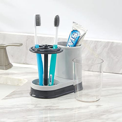 mDesign Plastic Toothpaste and Toothbrush Holder Center with Cup/Cover - Organizer for Bathroom Vanity Countertop - Holds Paste, Floss, Accessories - Hyde Collection - Light Gray/Charcoal - color: Light Gray/Charcoal Gray