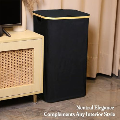 TFLC 100L Large Laundry Hamper with Lid Dirty Clothes Hamper, Black | Narrow Foldable Slim Laundry Basket with Bamboo Handles, Tall Skinny Hamper for Dorm, Bathroom & Bedroom - color: Solid Black