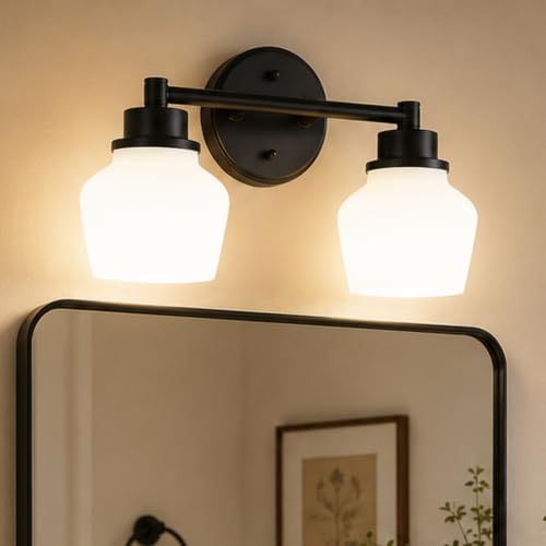 Emak 2-Light Vanity Light, Modern Farmhouse Black Bathroom Fixture Over Mirror With Milk Glass Shade, VL122-BK-ML-2 - color: Black & White Glass, size: 2 Light