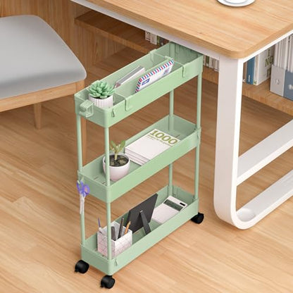 Slim Storage Cart 3 Tier,Bathroom Organizer Rolling Utility,Mobile Shelving Unit Slide Out for Office, Kitchen, Laundry Room & Narrow Places，Green - color: Green