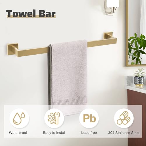 5-Piece Towel Bar Set Brushed Gold Bathroom Hardware Accessories Set Includes Upgraded Double Base Toilet Paper Holder,Modern Square Towel Holder Set Stainless Steel Wall Mount 23.6 Inch - color: 5-pcs Gold