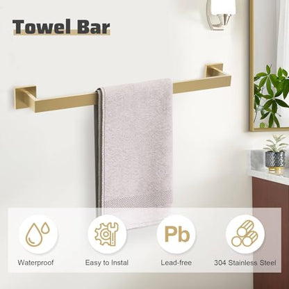 5-Piece Towel Bar Set Brushed Gold Bathroom Hardware Accessories Set Includes Upgraded Double Base Toilet Paper Holder,Modern Square Towel Holder Set Stainless Steel Wall Mount 23.6 Inch - color: 5-pcs Gold
