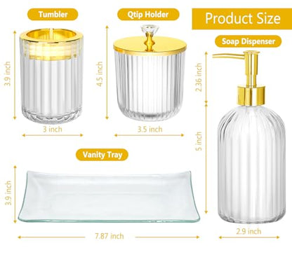 Bathroom Accessories Set, 4Pcs Clear and Gold Glass Bathroom Accessories Sets Complete w/Lotion Soap Dispenser, Toothbrush Holder, Apothecary Jar, Vanity Tray, Bathroom Decor | Kit w/ Bathroom Soap Dispenser Set, Toothbrush Holder, Qtip Holder, Vanity Tra