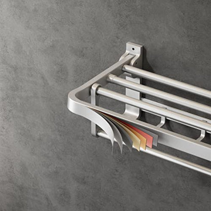 24 Inch Towel Rack with Towel Bar Holder Foldable Towel Shelf with Movable Hooks Rustproof Towel Storage Wall Mount for Bathroom Lavatory Silver - color: Silver