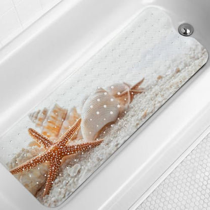 LNOND Summer Beach Bathtub Mat Non Slip, 40 X 16 Inch Tub Mat for Bathroom, White Seashells Bath Tub Shower Mat with Drain Holes and Suction Cups - color: White Seashells Bathtub Mat