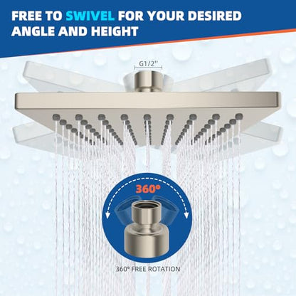 Hibbent cUPC Certified Thickness Metal 6'' Rain Shower Head, Brushed Nickel | High Pressure Shower Head, Bathroom Waterfall Shower Heads, High Flow Fixed Showerheads with Adjustable Brass Ball Joint - color: Brushed Nickel, style: Square 6''