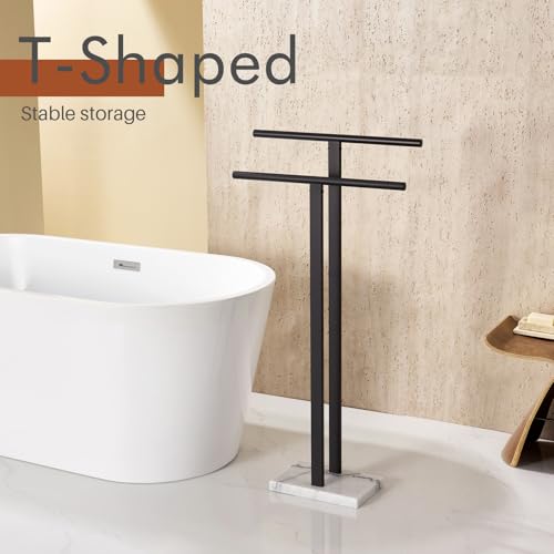 KOKOSIRI Free Standing Towel Racks Matte Black 2-Tier Towel Holder for Bathroom Floor Stand with Heavy Marble Base Thicken Steady Design Stainless Steel THS0005-BK - color: Matte Black