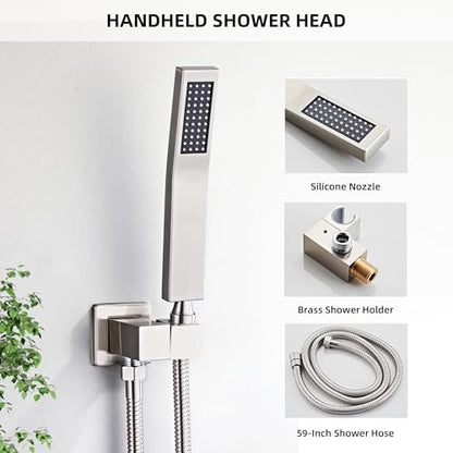 Shower Faucet Set with Tub Spout, Brushed Nickel Rainfall Shower System Complete Wall Mounted for Bathroom with 12 Inch Square Shower Head and Handheld Shower Head Rain Mixer Combo Set - color: Brushed Nickel, style: 12 Inch with Tub Spout