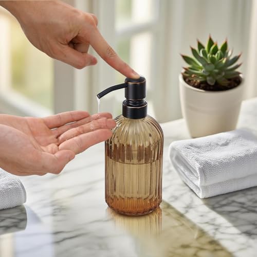 16 OZ Amber Glass Soap Dispenser, Amber Stripe Bathroom Hand Soap Dispensers with Stainless Steel Bronze Pump,Brown Glass Kitchen Hand Soap Dispenser with Oil Rubbed Bronze Pump - color: Oil Rubbed Bronze+amber, size: 1-Pack