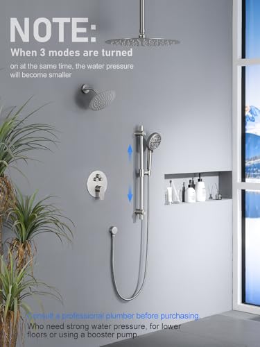 Woindo Shower Faucet Set with Slide Bar, 12" Rain Shower Head/8'' Side Shower Head and 10 Setting Handheld Ceiling Mount 3 Push Button Diverter Complete Rainfall Shower System Included Valve Trim Kit - color: Brushed Nickel, style: 12"-R-Ceiling-02