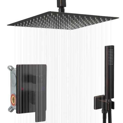 12 Inch Oil Rubbed Bronze Ceiling Mount Shower System Bathroom Luxury Rain Mixer Shower Combo Set Ceiling Rainfall Shower Head System Faucet Contain Rough-in Valve and Trim Included - color: Oil Rubbed Bronze, size: 12 Inch