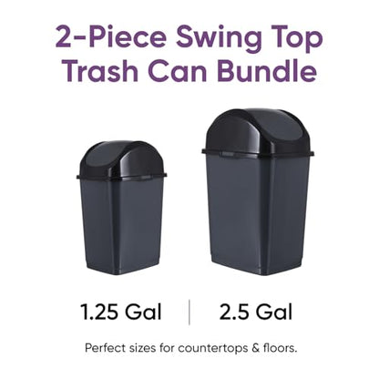 Superio Mini 1.25 Gallon and Small 2.5 Gallon Plastic Trash Cans with Swing Top Lid, Grey Waste Bin for Countertop, Desk, Vanity, Bathroom, 2 Pack (Grey) - size: 1.25 and 2.5 Gallon, style: 2 Pack