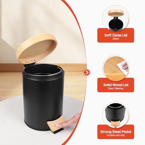 Small Bathroom Trash Can with Natural Bamboo Lid Soft Close，3 Liter / 0.8 GallonStainless Steel Garbage Can with Removable Inner Bucket andStep Pedal（Black） - color: Black