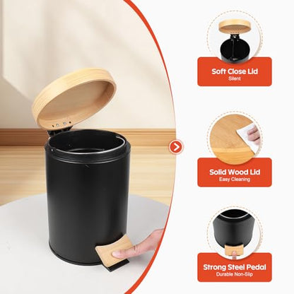 Small Bathroom Trash Can with Natural Bamboo Lid Soft Close，3 Liter / 0.8 GallonStainless Steel Garbage Can with Removable Inner Bucket andStep Pedal（Black） - color: Black